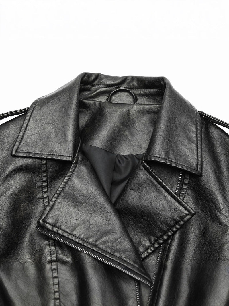 Chaqueta de cuero sintetico para mujer estilo motociclista con cuello de solapa