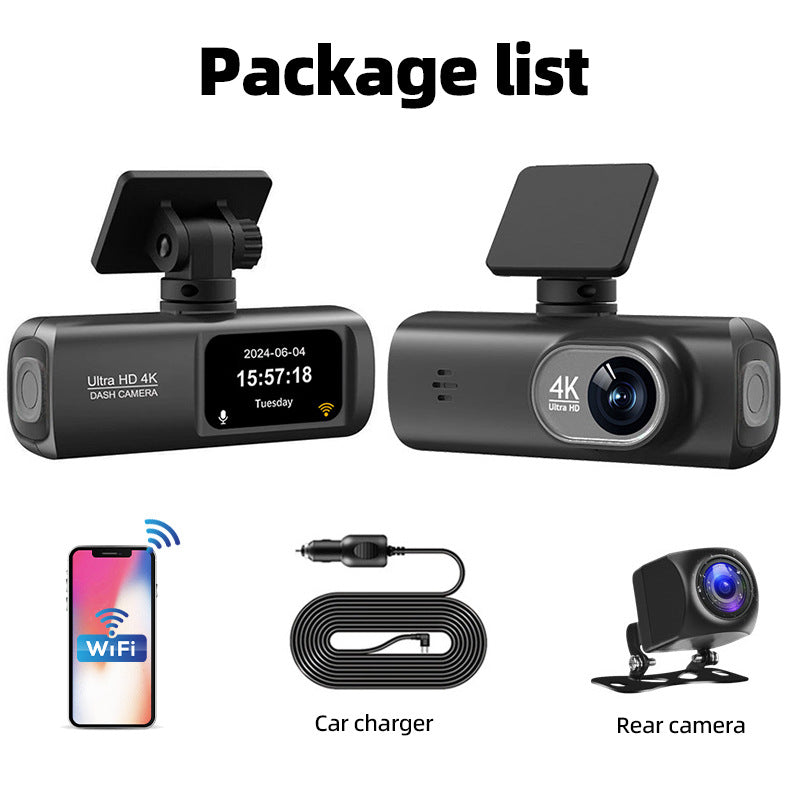 Grabadora de vídeo digital para coche con doble cámara 4K y resolución 4K.