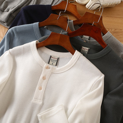 Camiseta de manga larga con cuello en V Henry de algodón tipo gofre para hombre