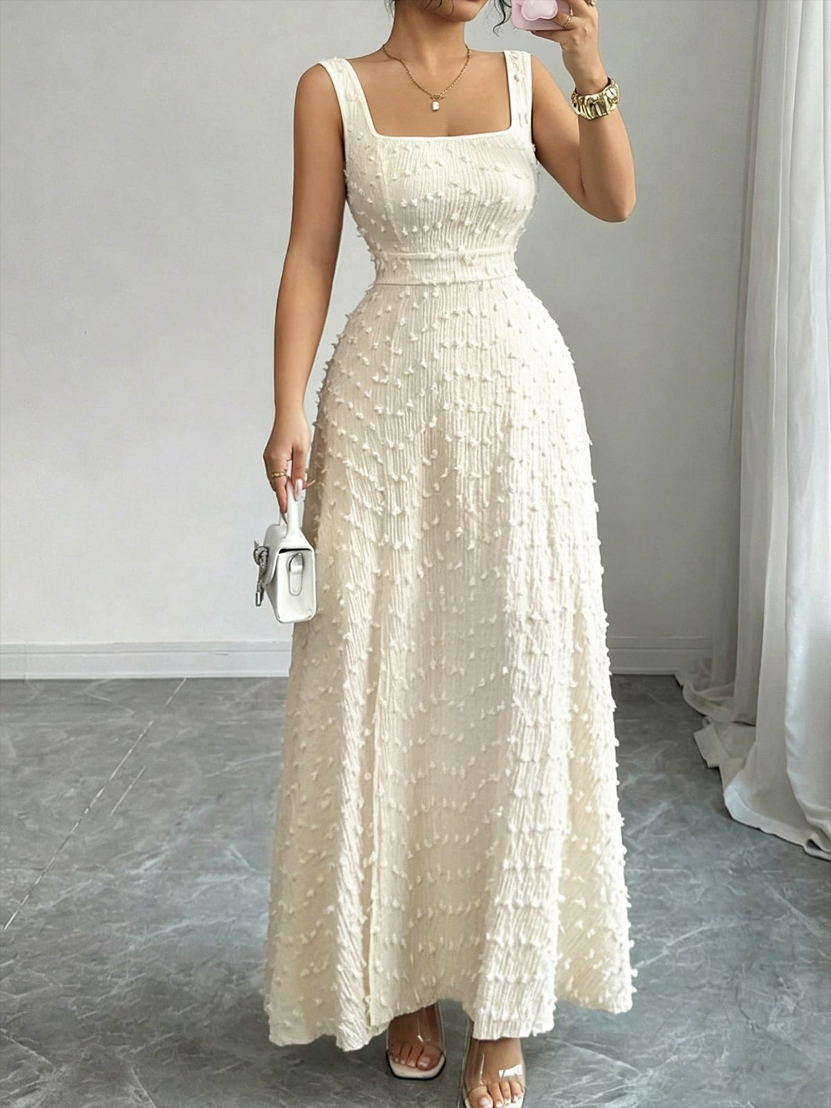 Vestido largo de jacquard con escote cuadrado