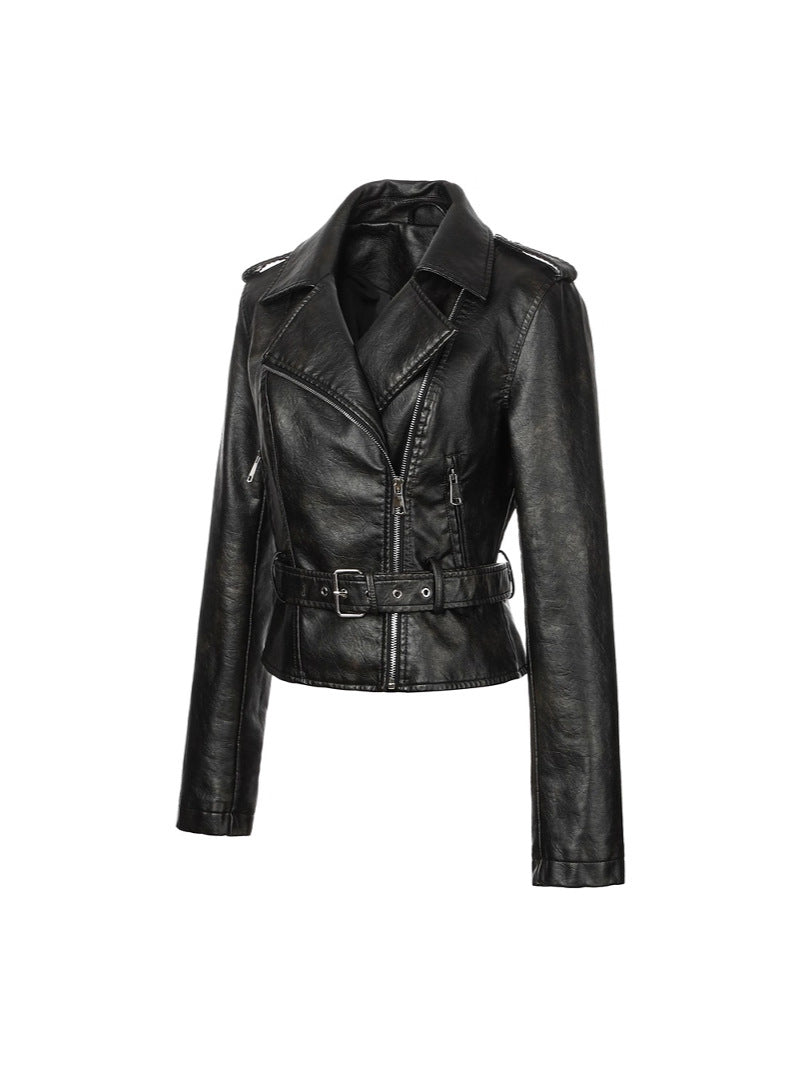 Chaqueta de cuero sintetico para mujer estilo motociclista con cuello de solapa