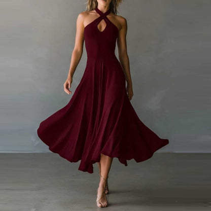 Vestido largo retro con escote halter y espalda descubierta