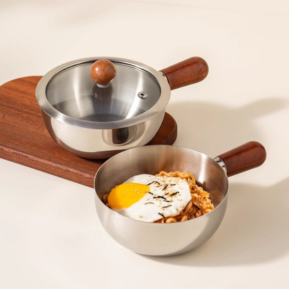 Olla de cocina de acero inoxidable con mango de madera