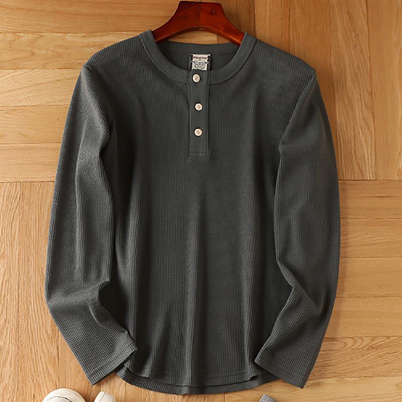 Camiseta de manga larga con cuello en V Henry de algodón tipo gofre para hombre