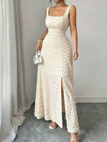 Vestido largo de jacquard con escote cuadrado