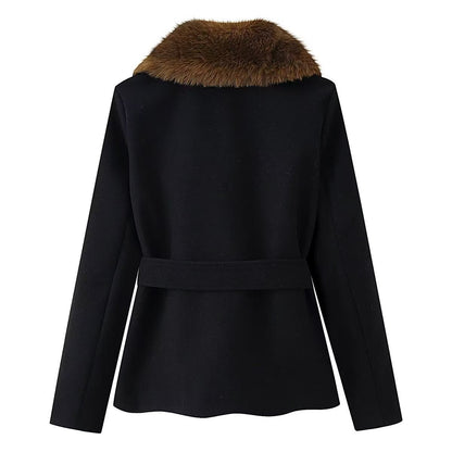 Abrigo de lana con solapa de piel sintética para mujer, ideal para invierno