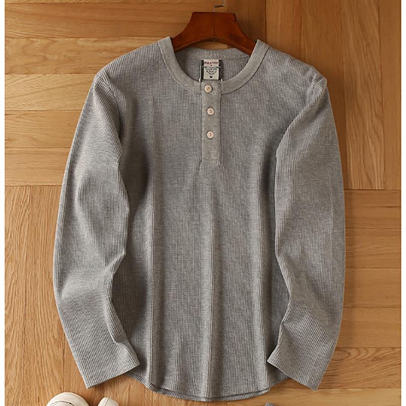 Camiseta de manga larga con cuello en V Henry de algodón tipo gofre para hombre