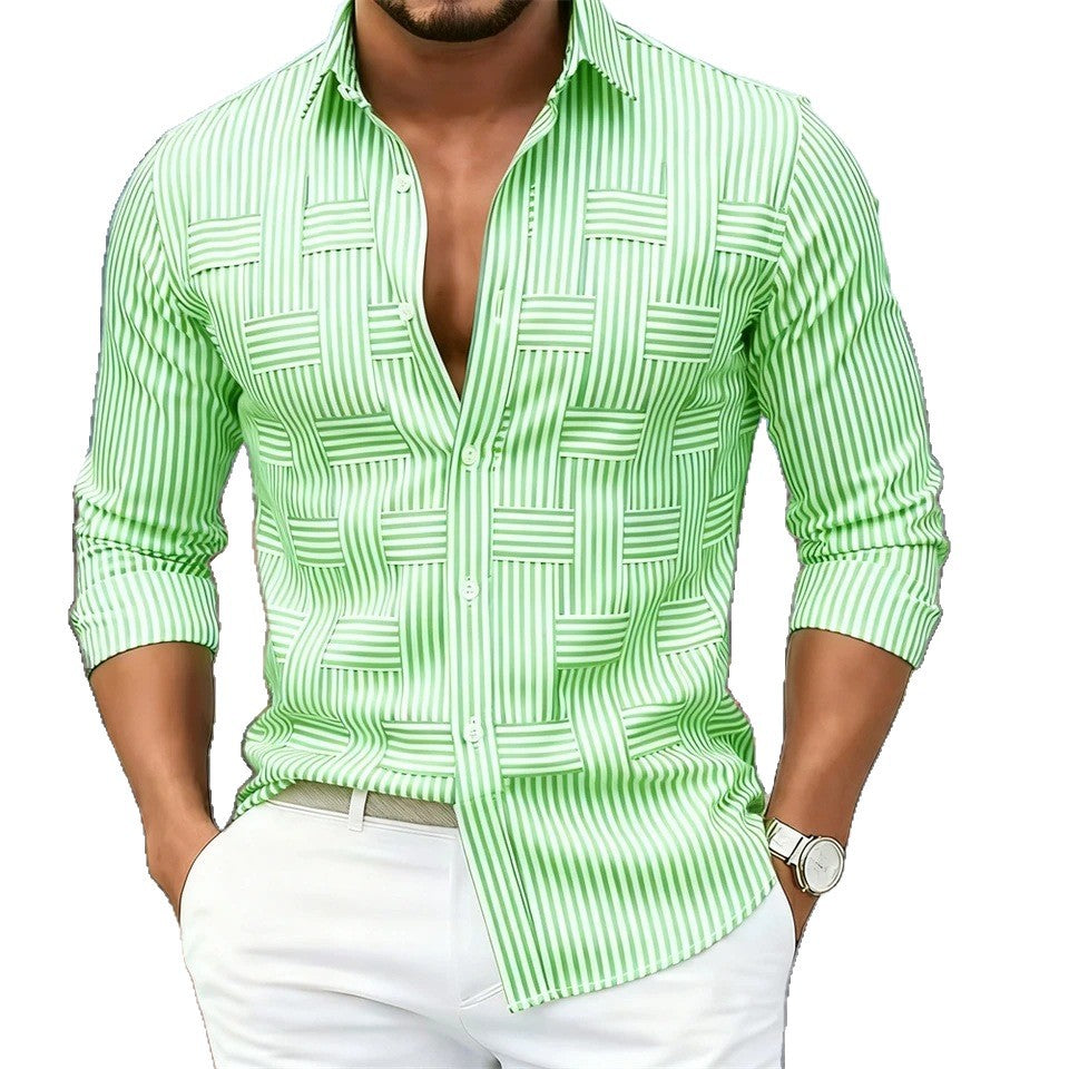 Camisa de manga larga a rayas azules y blancas para hombre