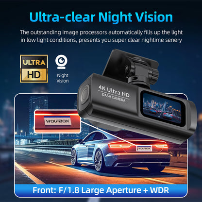 Grabadora de vídeo digital para coche con doble cámara 4K y resolución 4K.