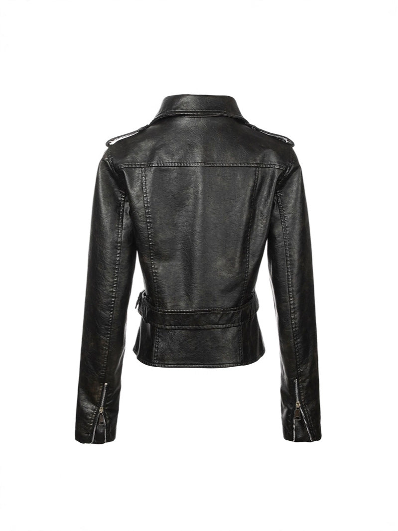 Chaqueta de cuero sintetico para mujer estilo motociclista con cuello de solapa