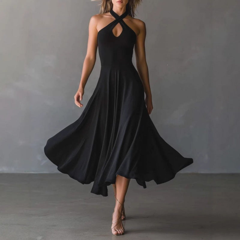 Vestido largo retro con escote halter y espalda descubierta