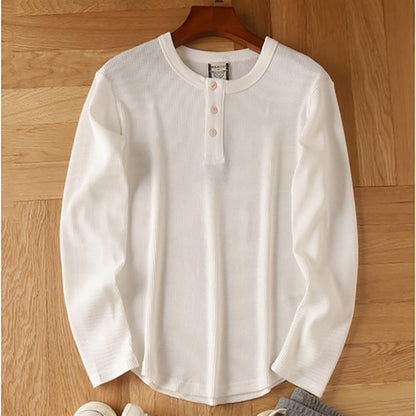 Camiseta de manga larga con cuello en V Henry de algodón tipo gofre para hombre