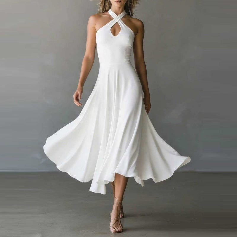 Vestido largo retro con escote halter y espalda descubierta