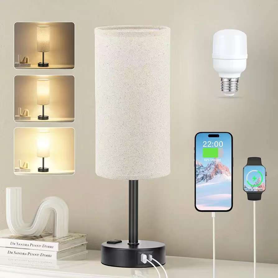 Lámpara decorativa de mesilla de noche con puertos de carga USB y C