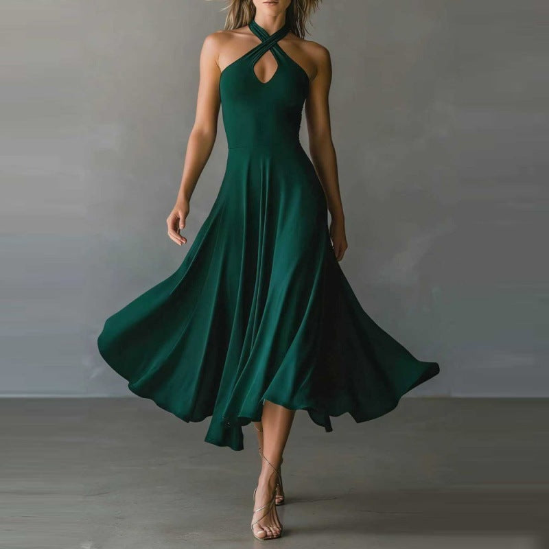 Vestido largo retro con escote halter y espalda descubierta