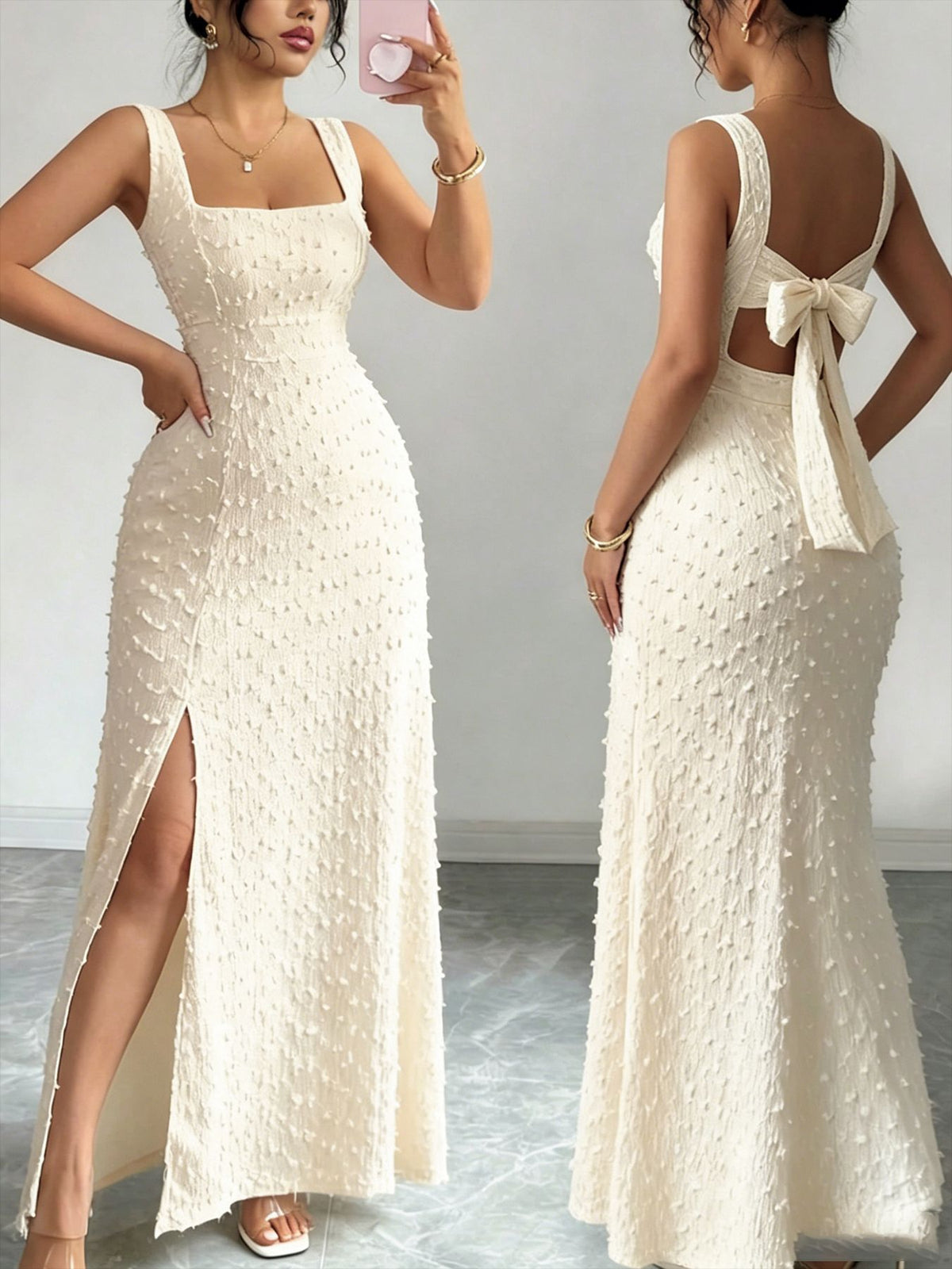 Vestido largo de jacquard con escote cuadrado
