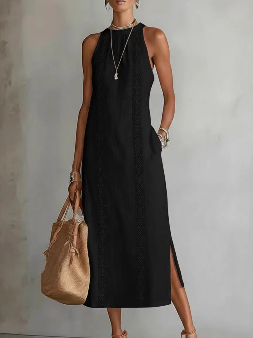 Vestido sin mangas con cuello halter y encaje patchwork para mujer