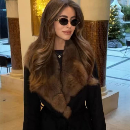 Abrigo de lana con solapa de piel sintética para mujer, ideal para invierno