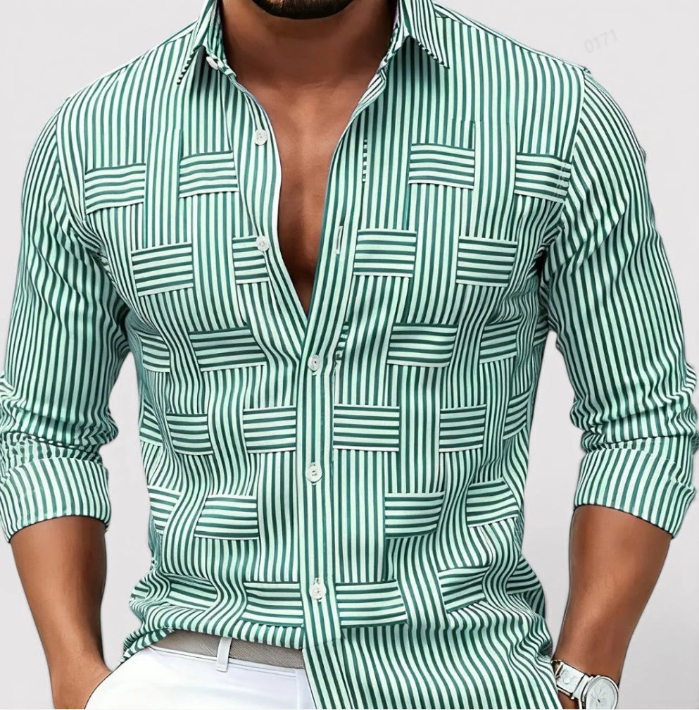 Camisa de manga larga a rayas azules y blancas para hombre