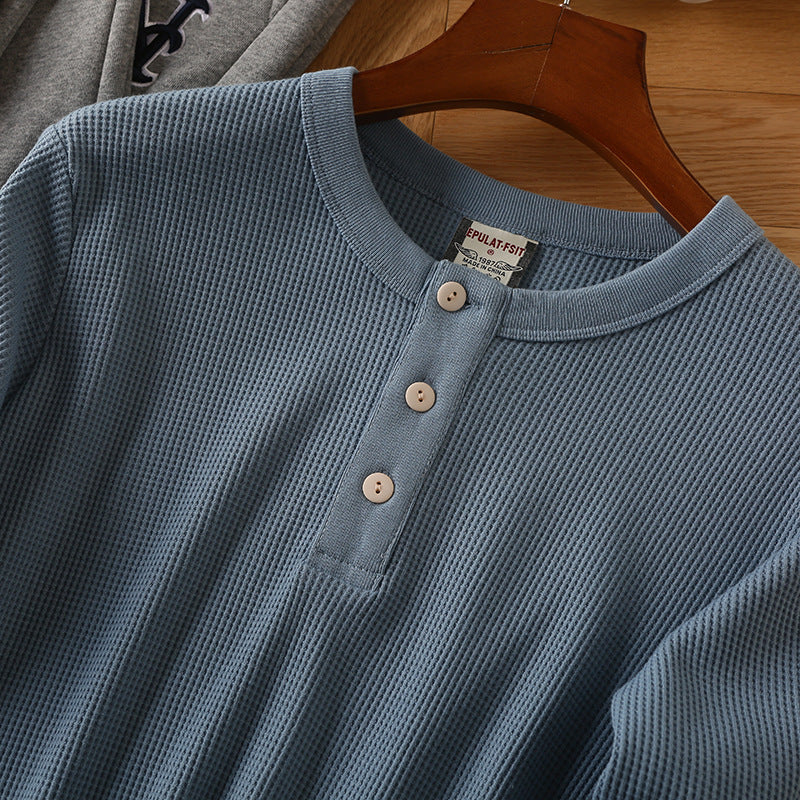 Camiseta de manga larga con cuello en V Henry de algodón tipo gofre para hombre