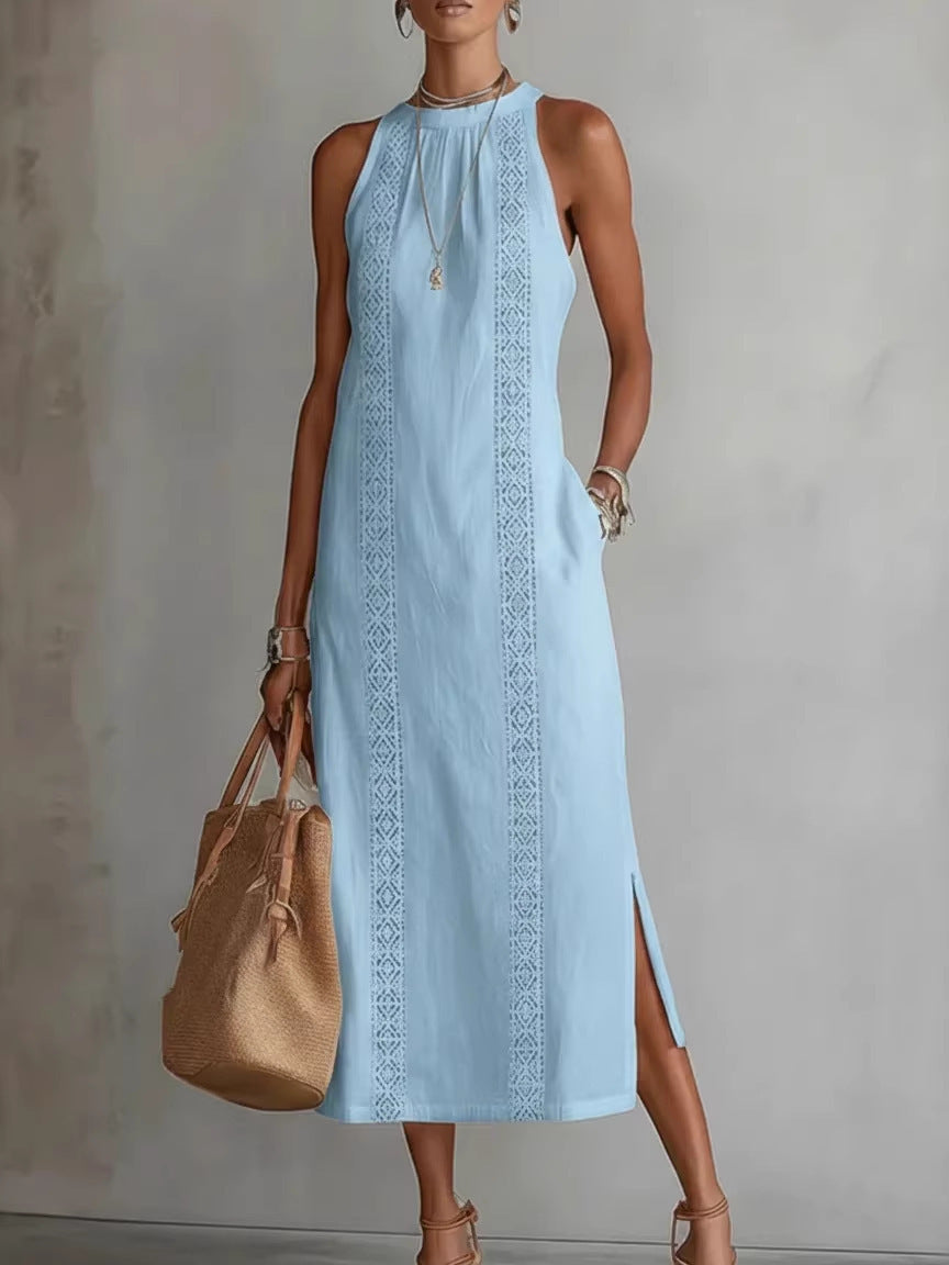 Vestido sin mangas con cuello halter y encaje patchwork para mujer