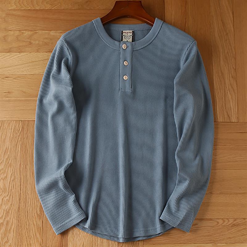 Camiseta de manga larga con cuello en V Henry de algodón tipo gofre para hombre