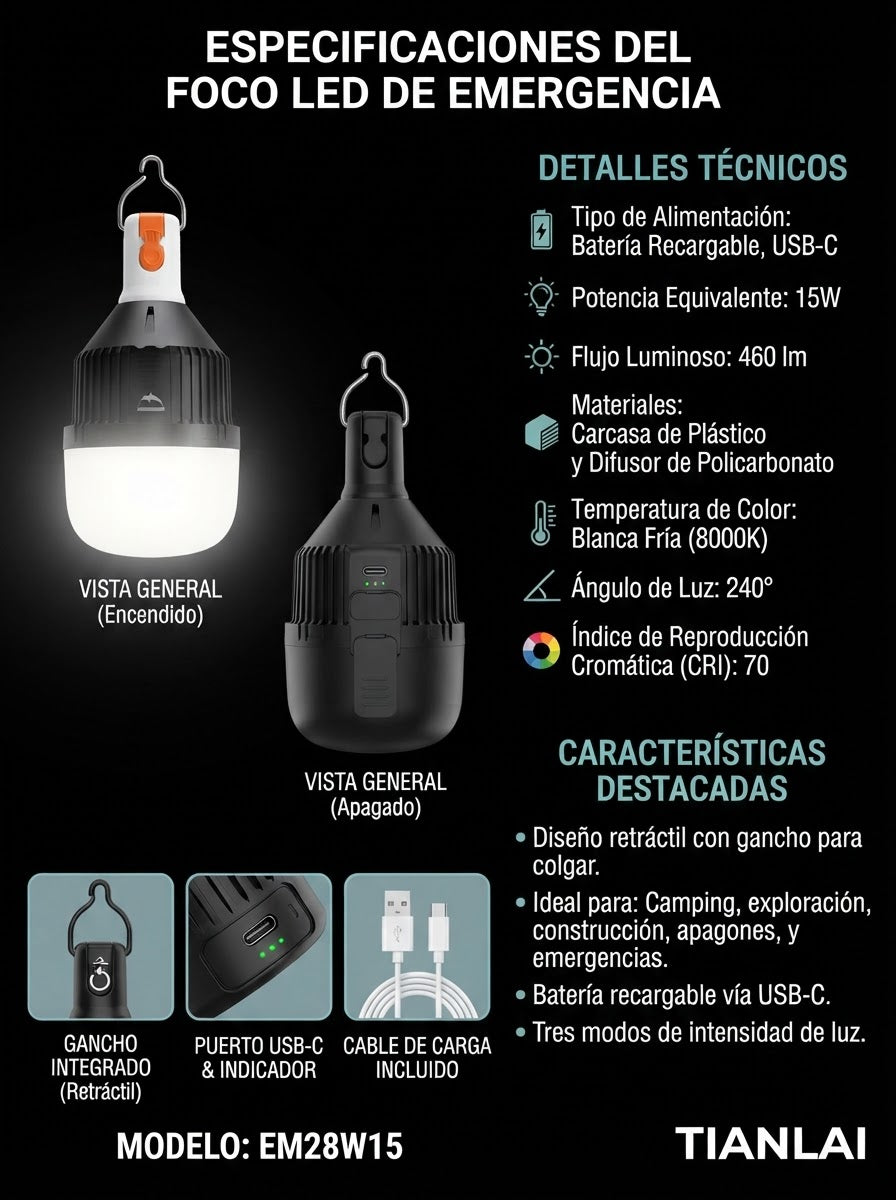 Foco LED de Emergencia Portátil 15w
