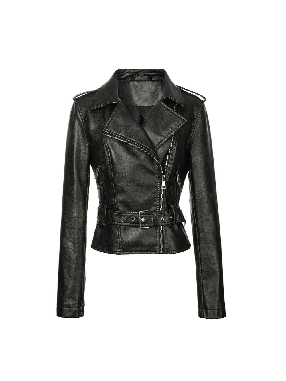 Chaqueta de cuero sintetico para mujer estilo motociclista con cuello de solapa
