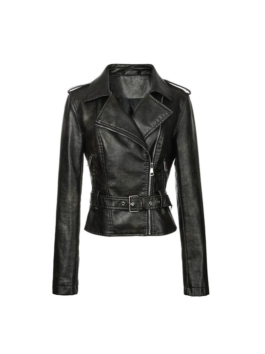 Chaqueta de cuero sintetico para mujer estilo motociclista con cuello de solapa