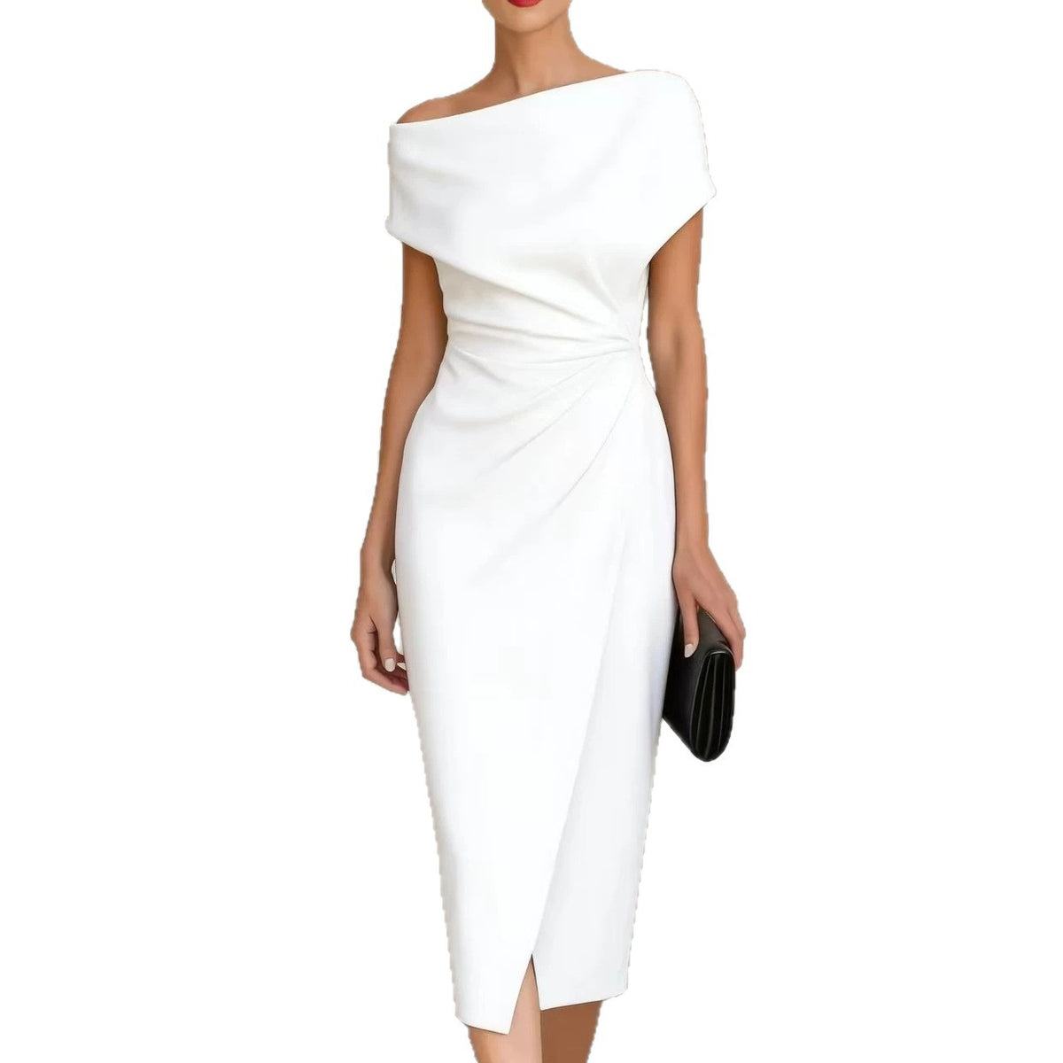 Vestido plisado con cintura y hombros descubiertos