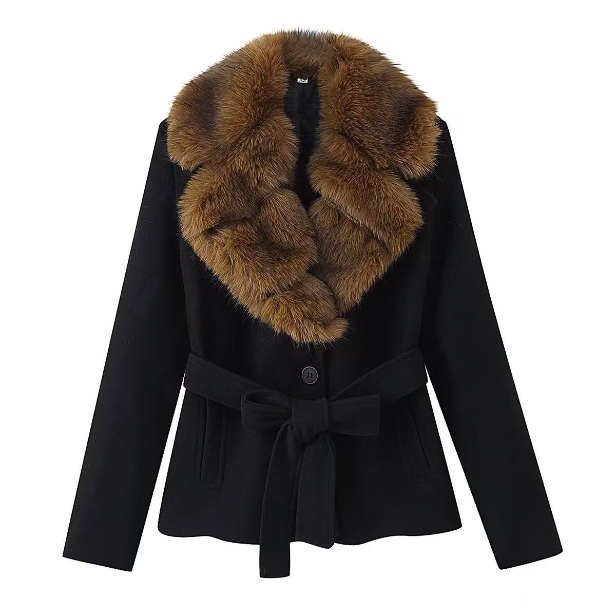 Abrigo de lana con solapa de piel sintética para mujer, ideal para invierno