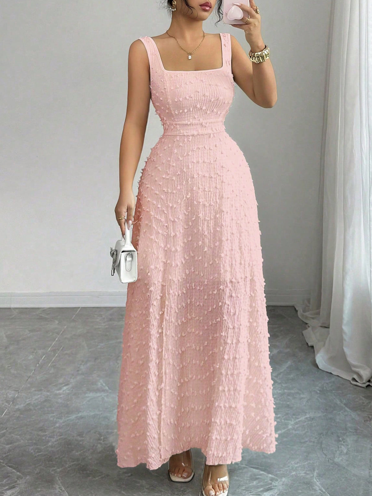 Vestido largo de jacquard con escote cuadrado
