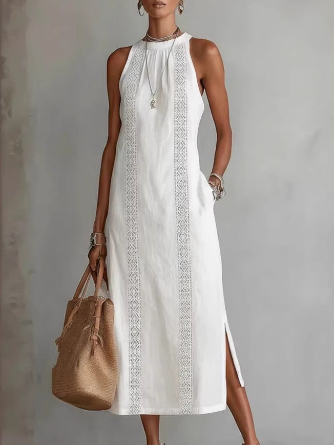 Vestido sin mangas con cuello halter y encaje patchwork para mujer