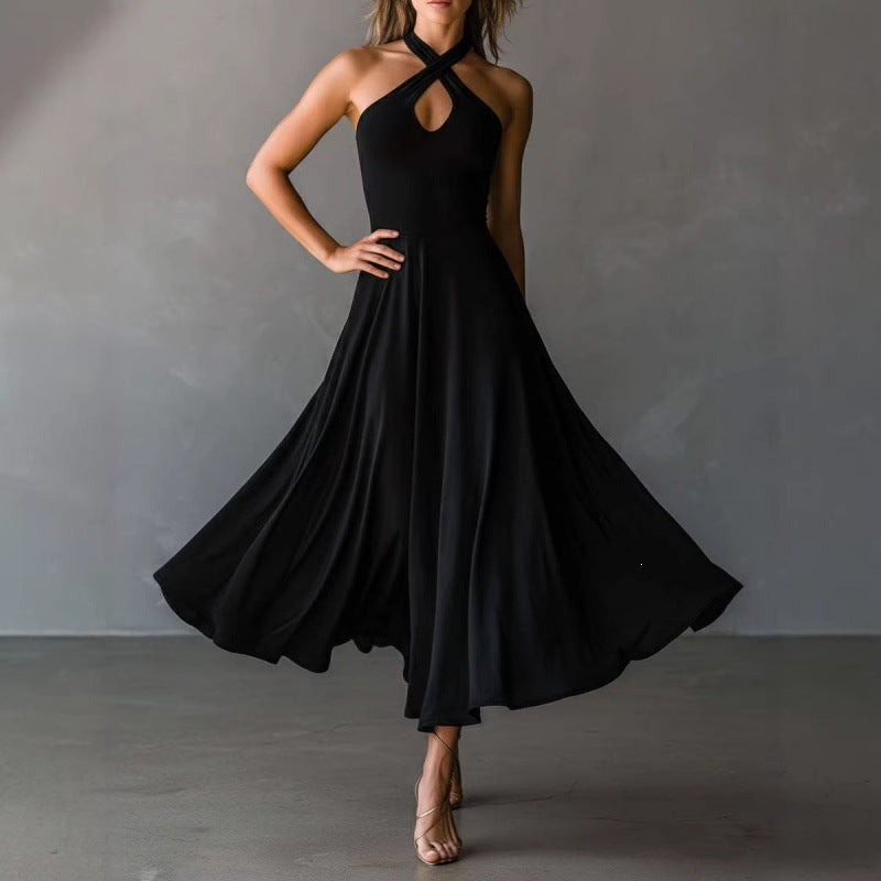 Vestido largo retro con escote halter y espalda descubierta