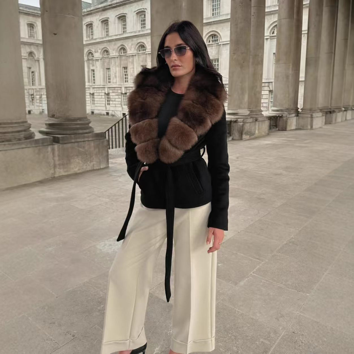 Abrigo de lana con solapa de piel sintética para mujer, ideal para invierno
