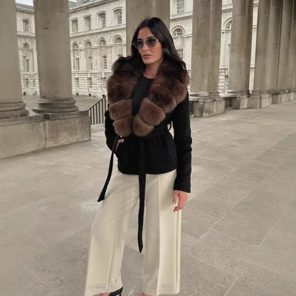 Abrigo de lana con solapa de piel sintética para mujer, ideal para invierno