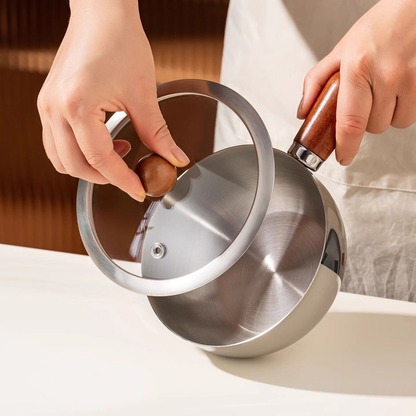Olla de cocina de acero inoxidable con mango de madera