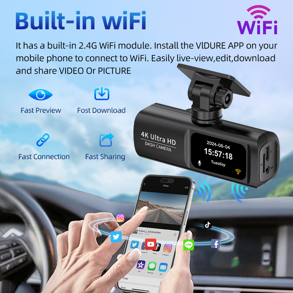 Grabadora de vídeo digital para coche con doble cámara 4K y resolución 4K.