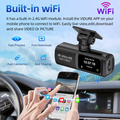 Grabadora de vídeo digital para coche con doble cámara 4K y resolución 4K.