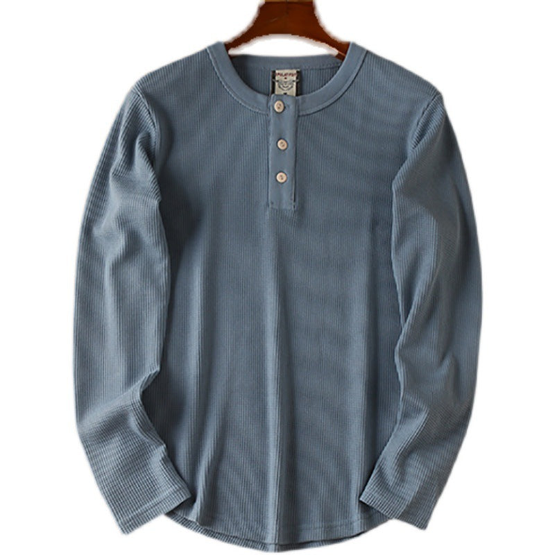 Camiseta de manga larga con cuello en V Henry de algodón tipo gofre para hombre