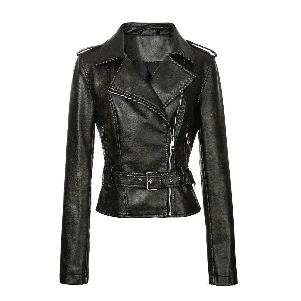 Chaqueta de cuero sintetico para mujer estilo motociclista con cuello de solapa