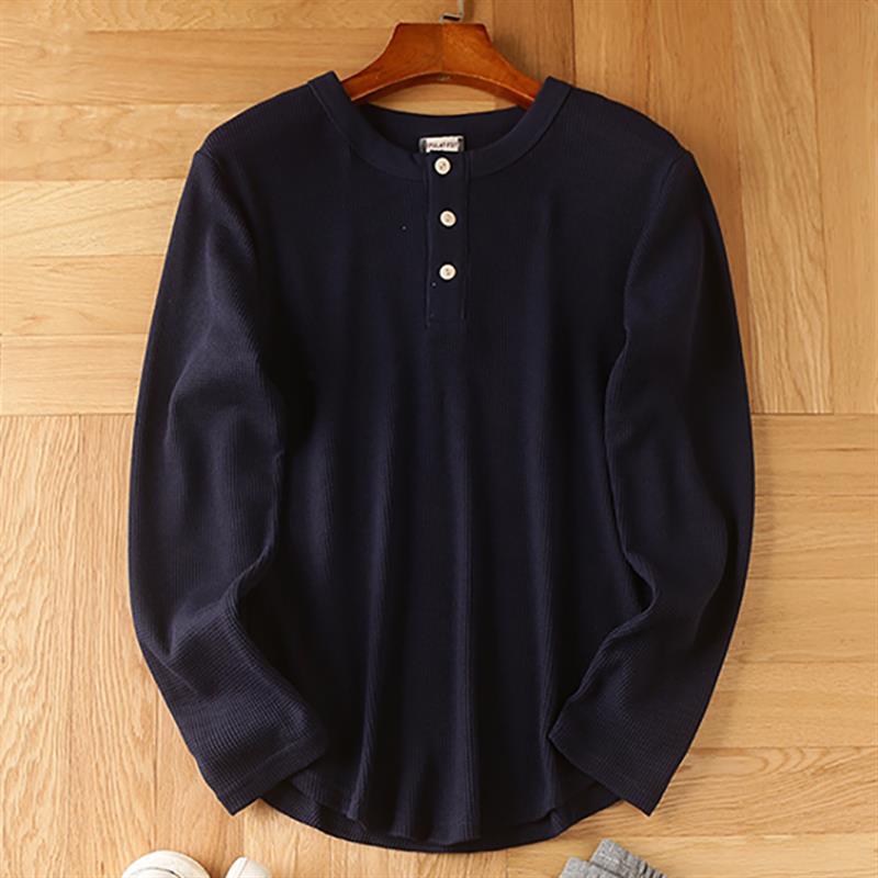 Camiseta de manga larga con cuello en V Henry de algodón tipo gofre para hombre