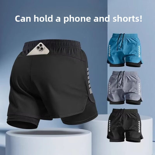 Pantalones cortos deportivos de doble capa con bolsillo para el teléfono y forro.