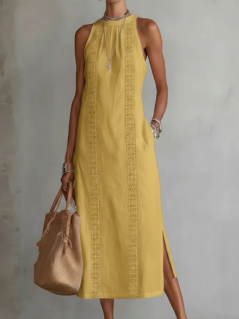 Vestido sin mangas con cuello halter y encaje patchwork para mujer