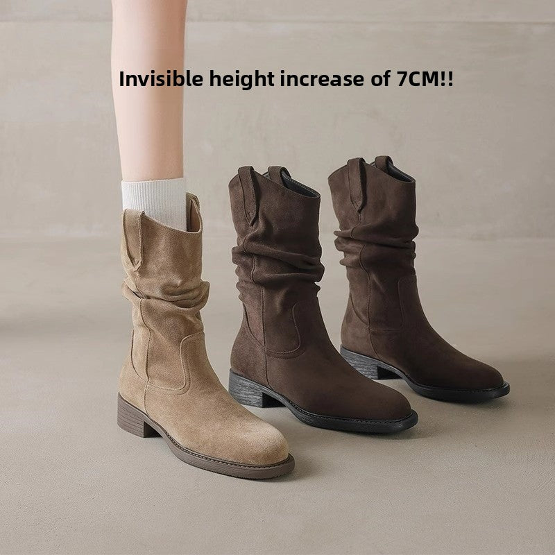 Botines de ante para mujer con tacón oculto, estilo western.