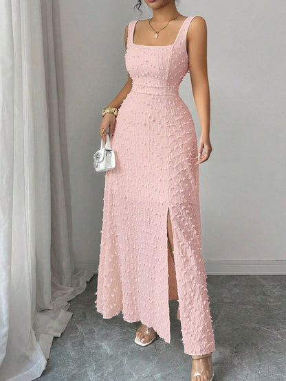 Vestido largo de jacquard con escote cuadrado