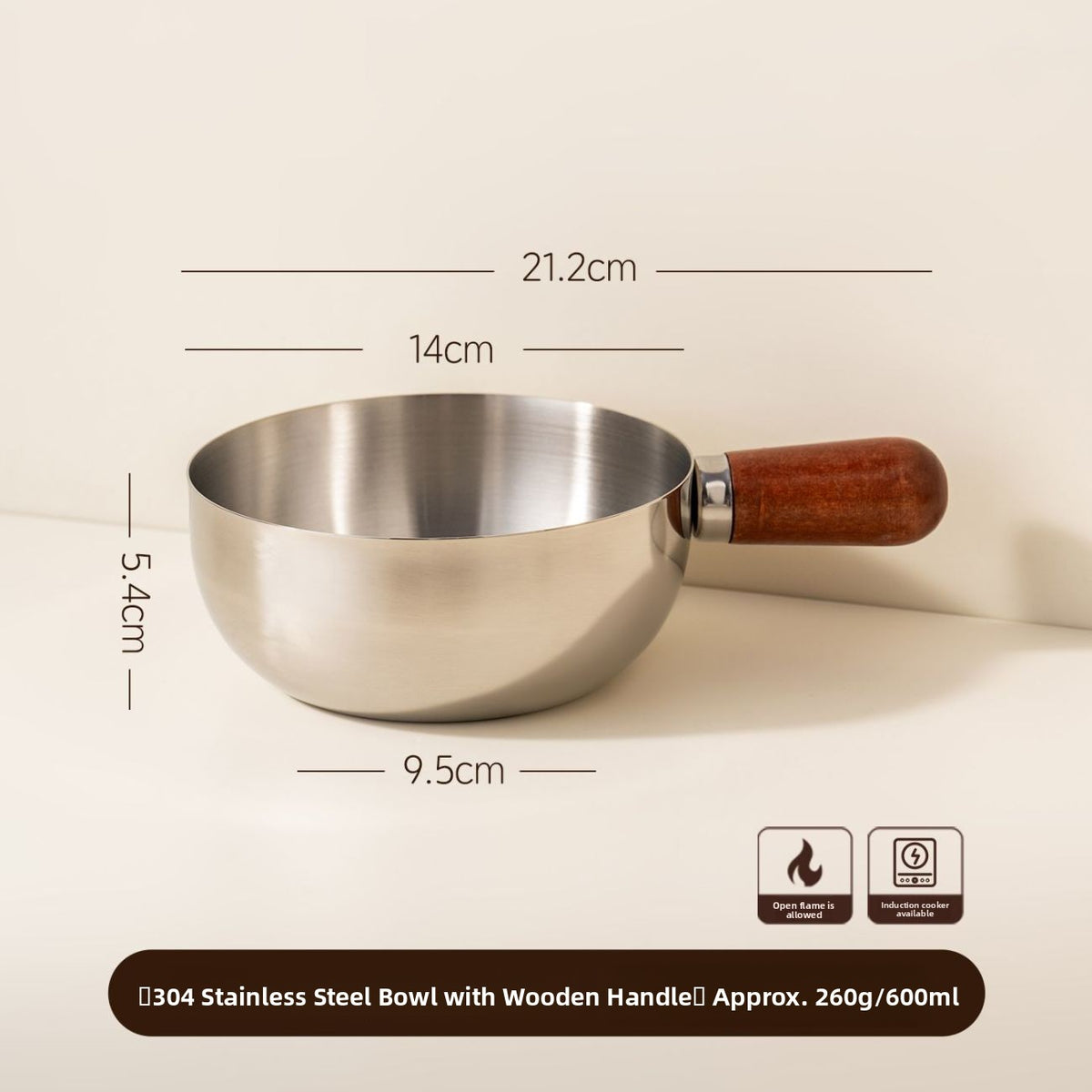 Olla de cocina de acero inoxidable con mango de madera