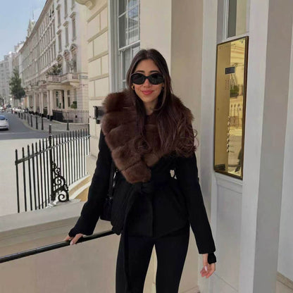 Abrigo de lana con solapa de piel sintética para mujer, ideal para invierno